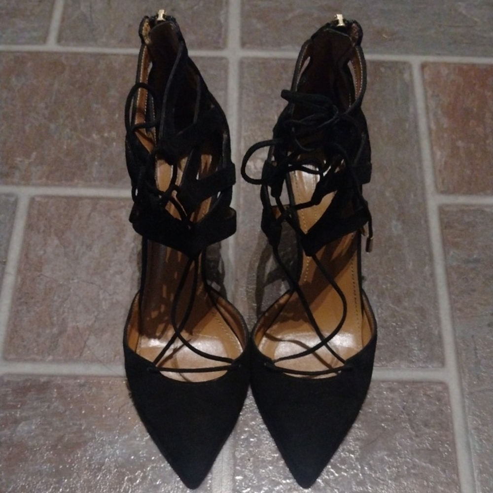 Aquazzura Black Suede Pointy Toe Lace Up Pump Heel Size  Size 36